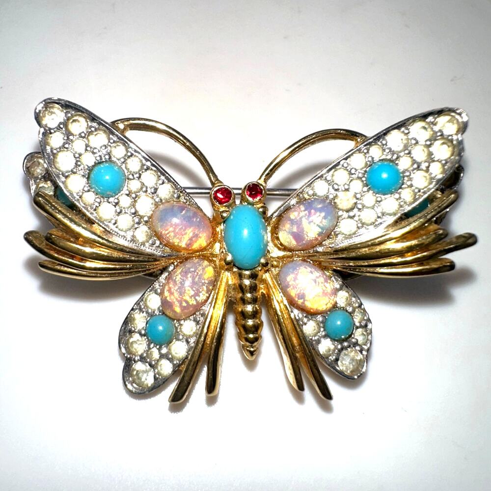 Jomaz vintage gold tone clear rhinestones art glass cabochons butterfly brooch